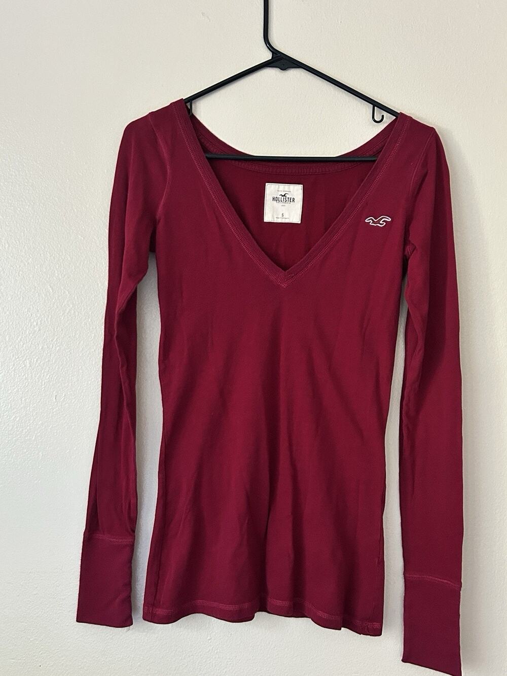 Hollister Deep V-Neck Long Sleeve Top Burgundy Red Size S Y2K McBling Indie S